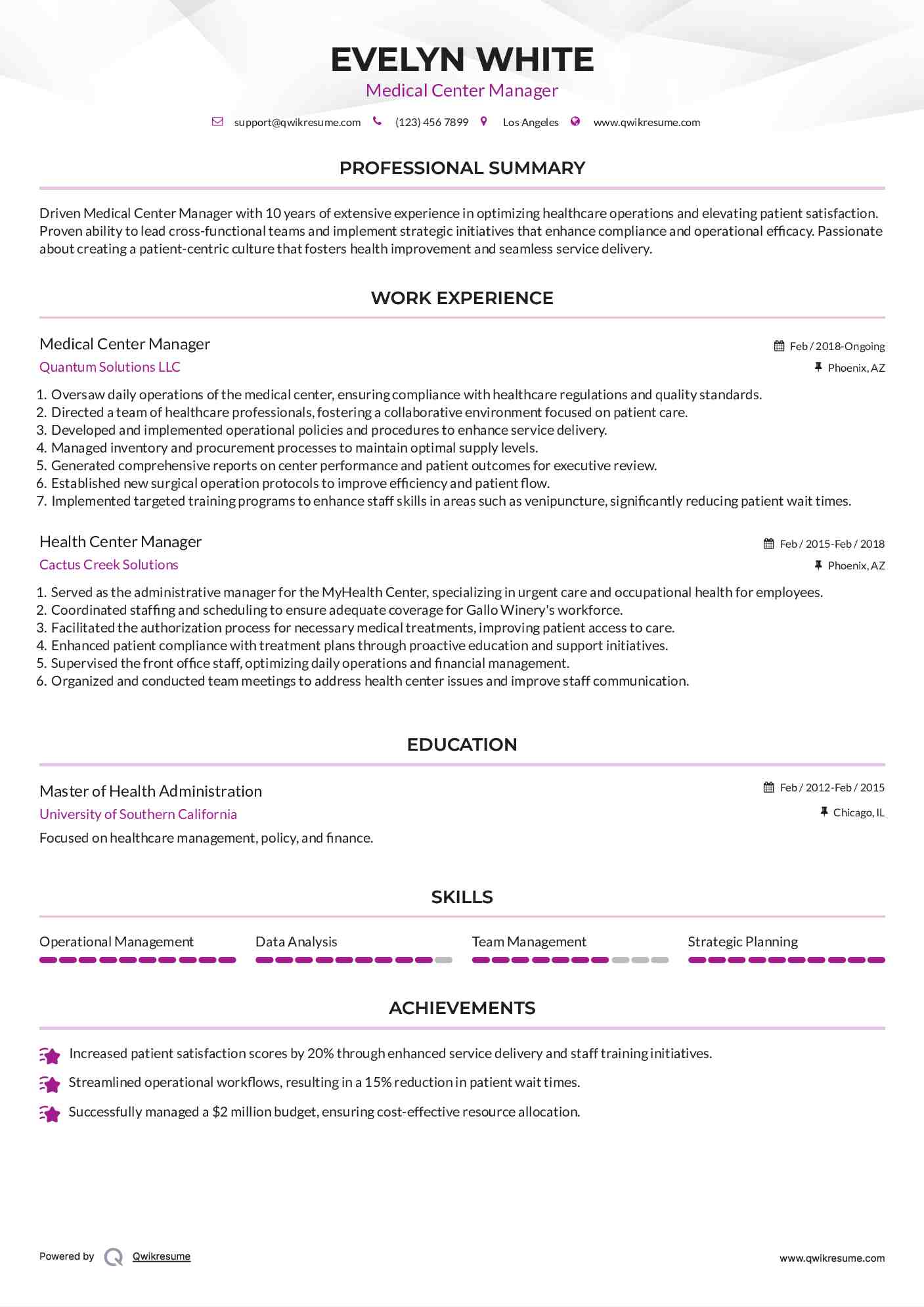Medical Center Manager Resume Sample