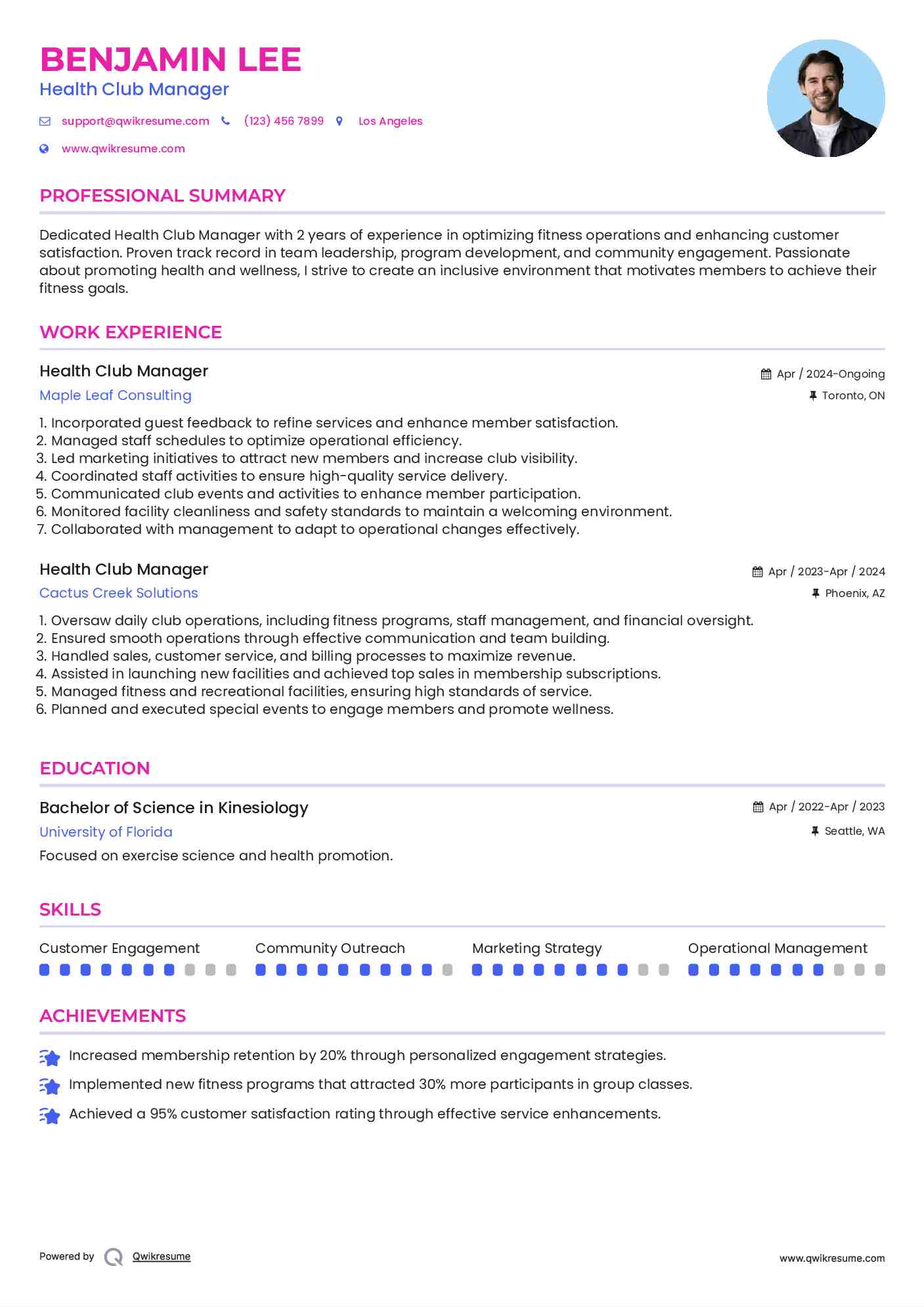 Health Club Manager Resume Model