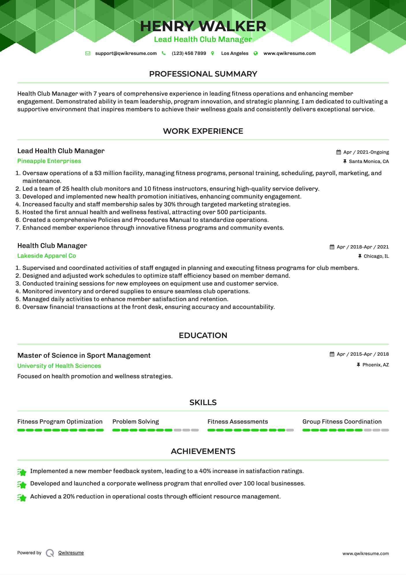 Lead Health Club Manager Resume Model