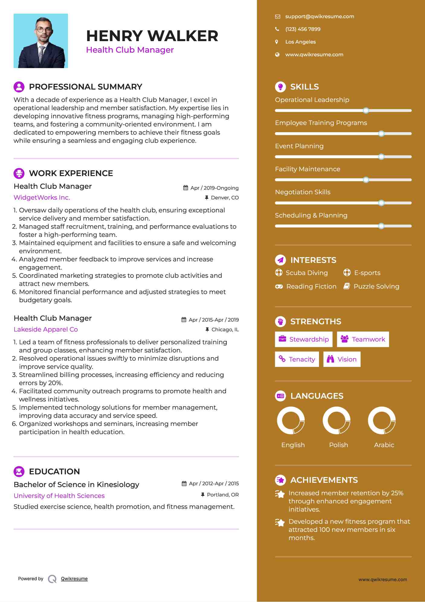 Health Club Manager Resume Sample