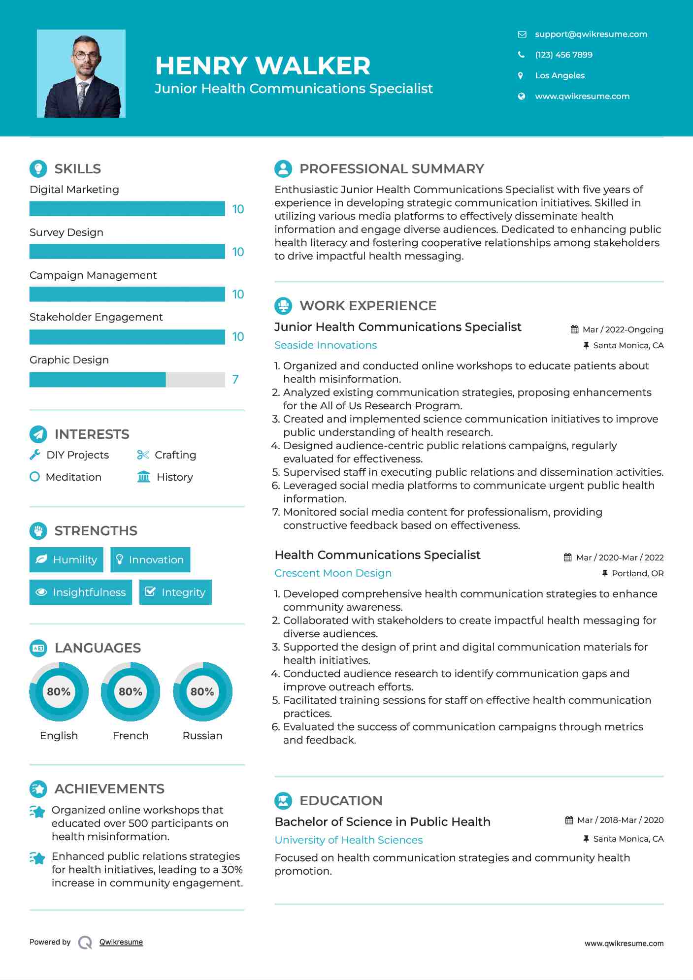 Junior Health Communications Specialist Resume Example