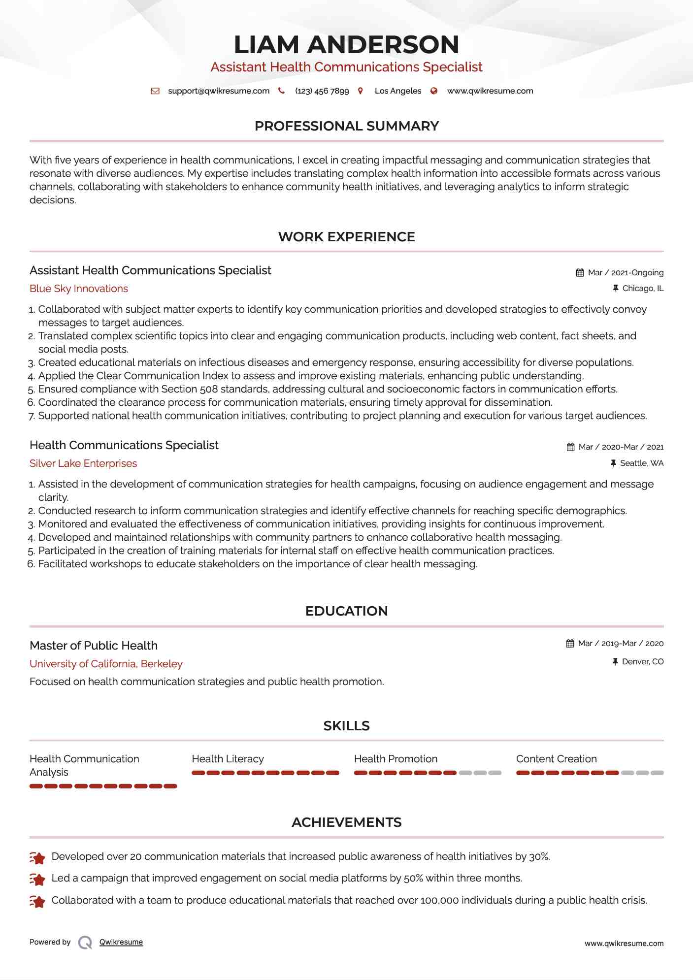 Assistant Health Communications Specialist Resume Template