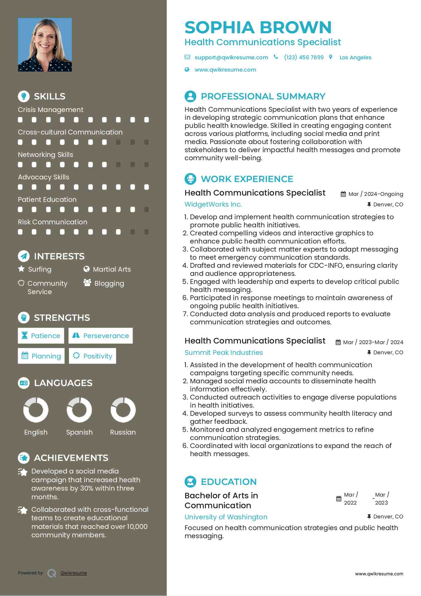 Health Communications Specialist Resume Example