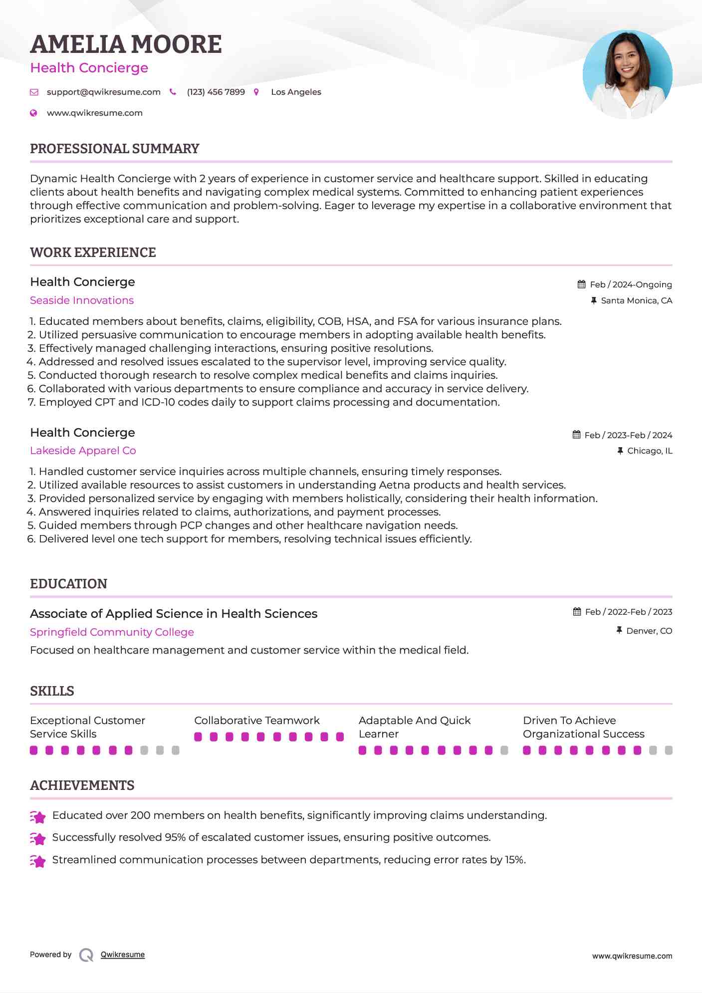Health Concierge Resume Sample