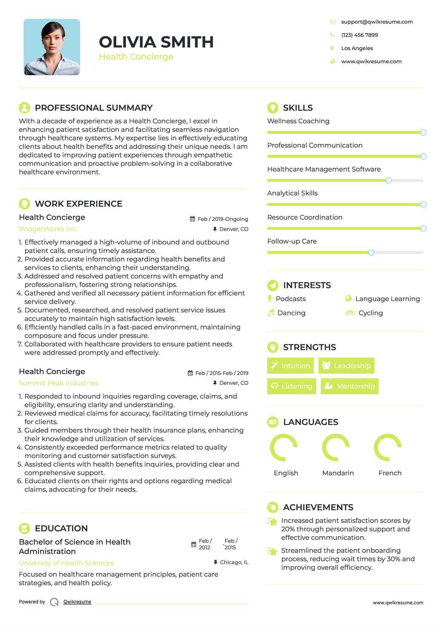 Health Concierge Resume Sample