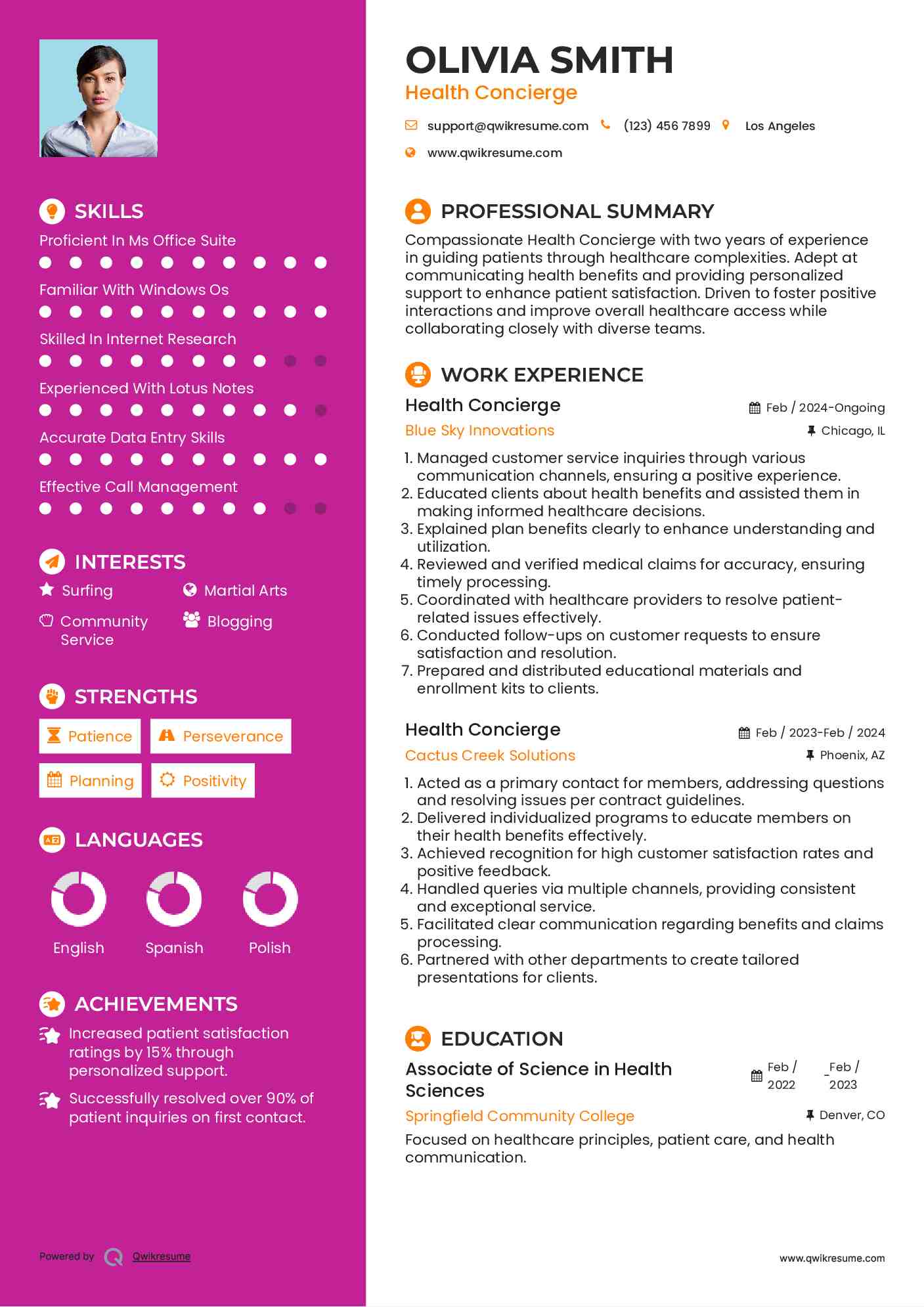 Health Concierge Resume Sample