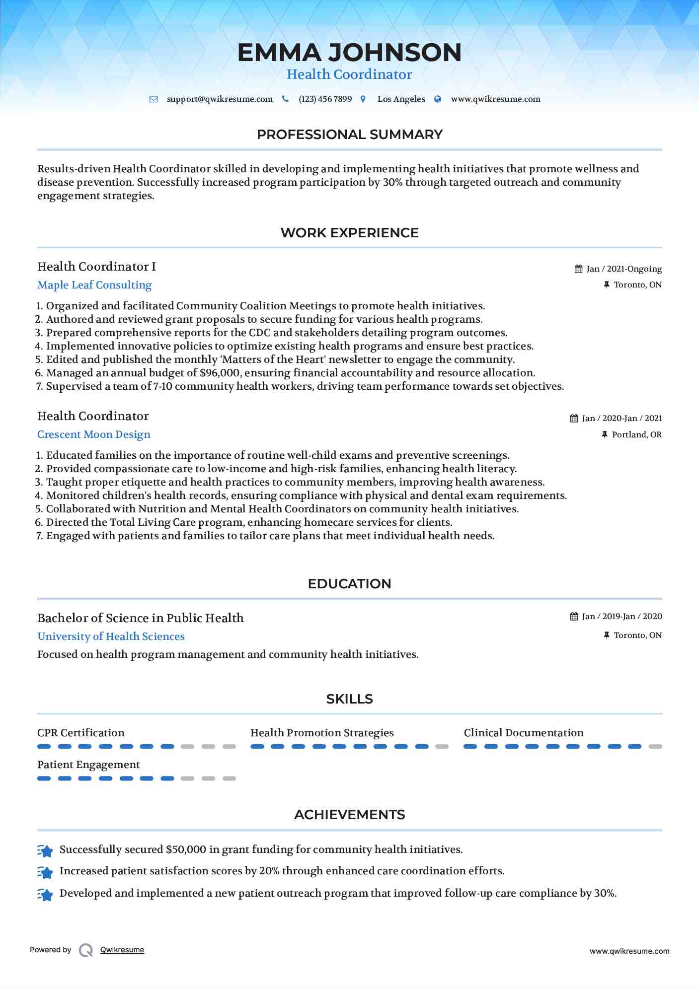 Health Coordinator I Resume Sample