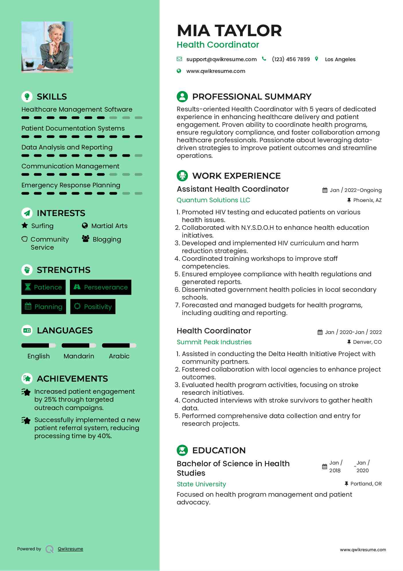 Assistant Health Coordinator Resume Example