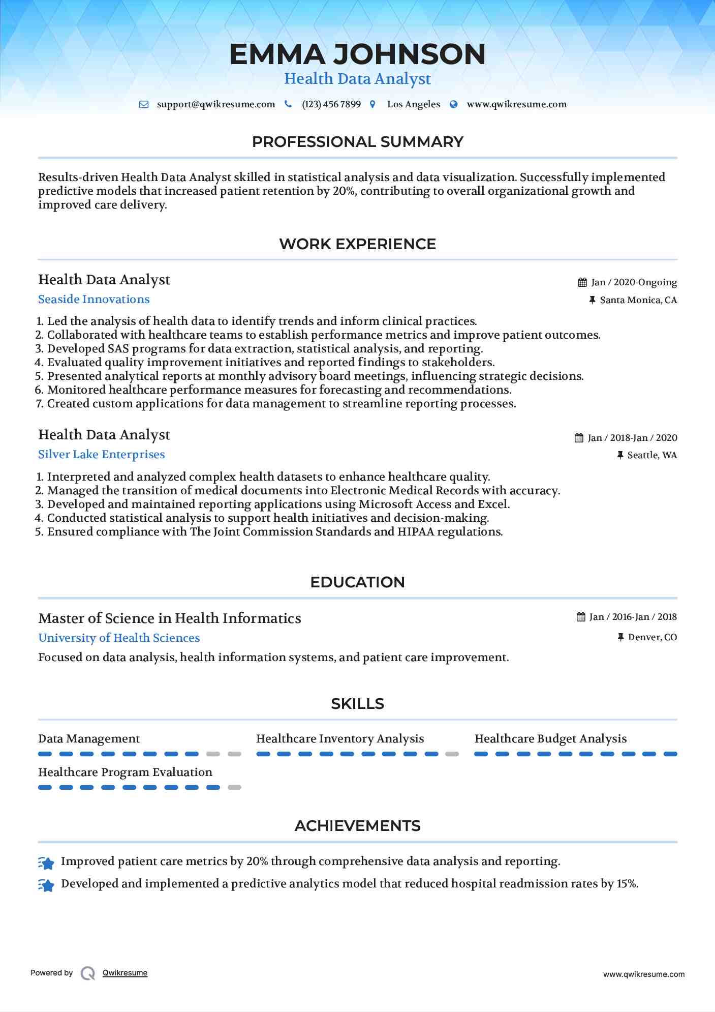 Health Data Analyst Resume Sample