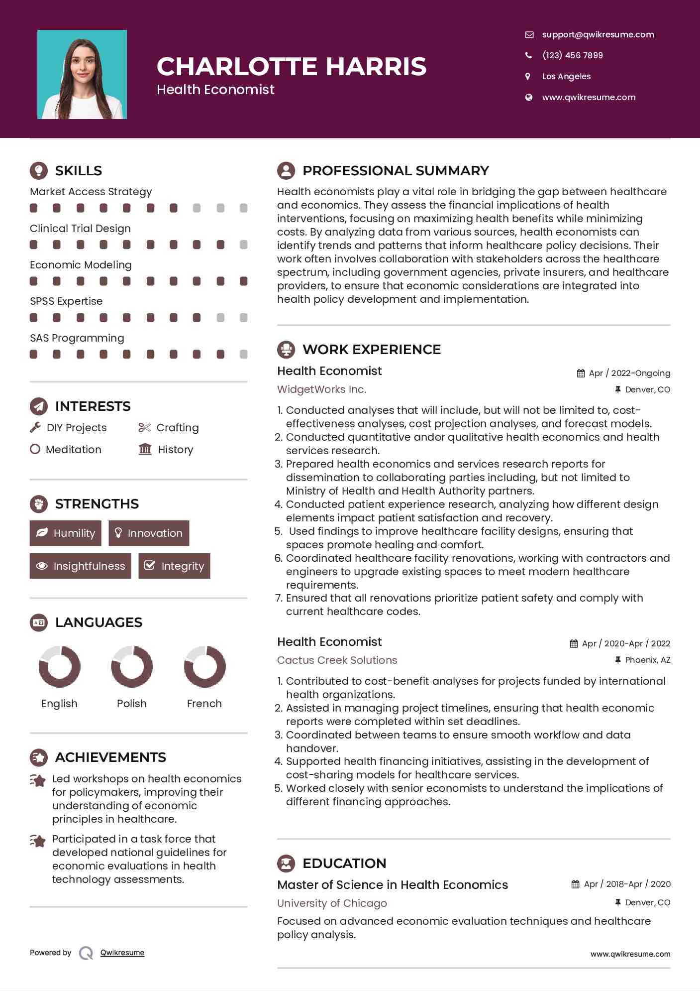 Health Economist Resume Sample