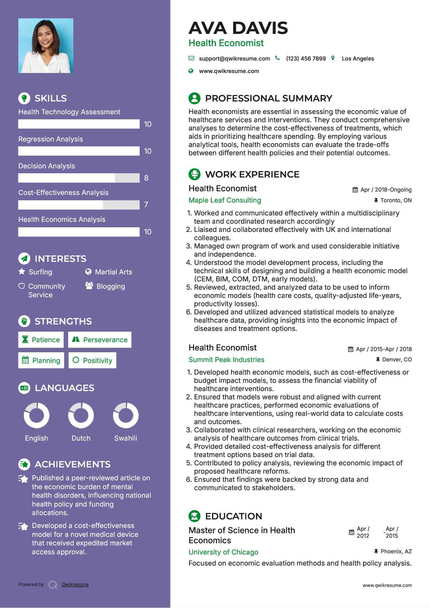 Health Economist Resume Example
