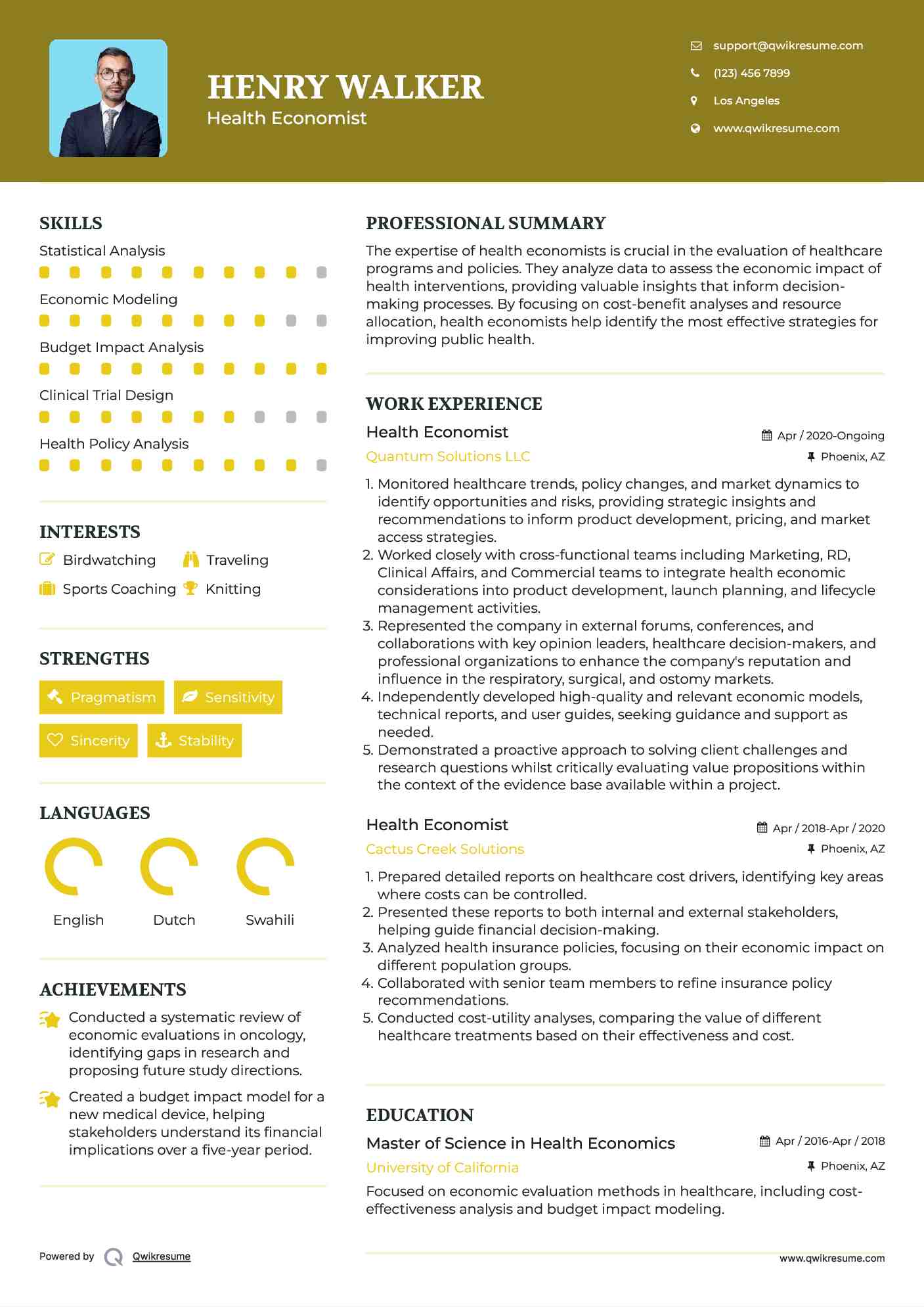 Health Economist Resume Sample