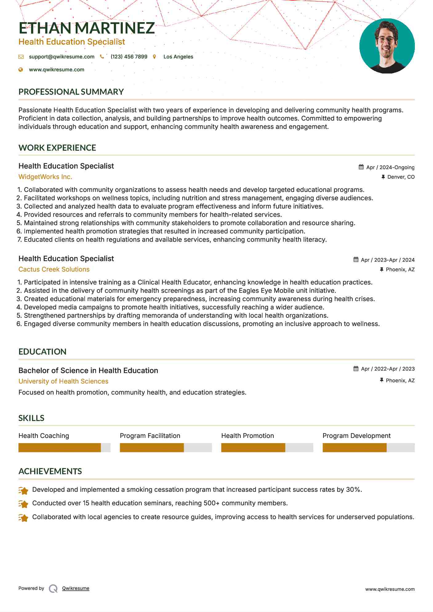 Health Education Specialist Resume Model