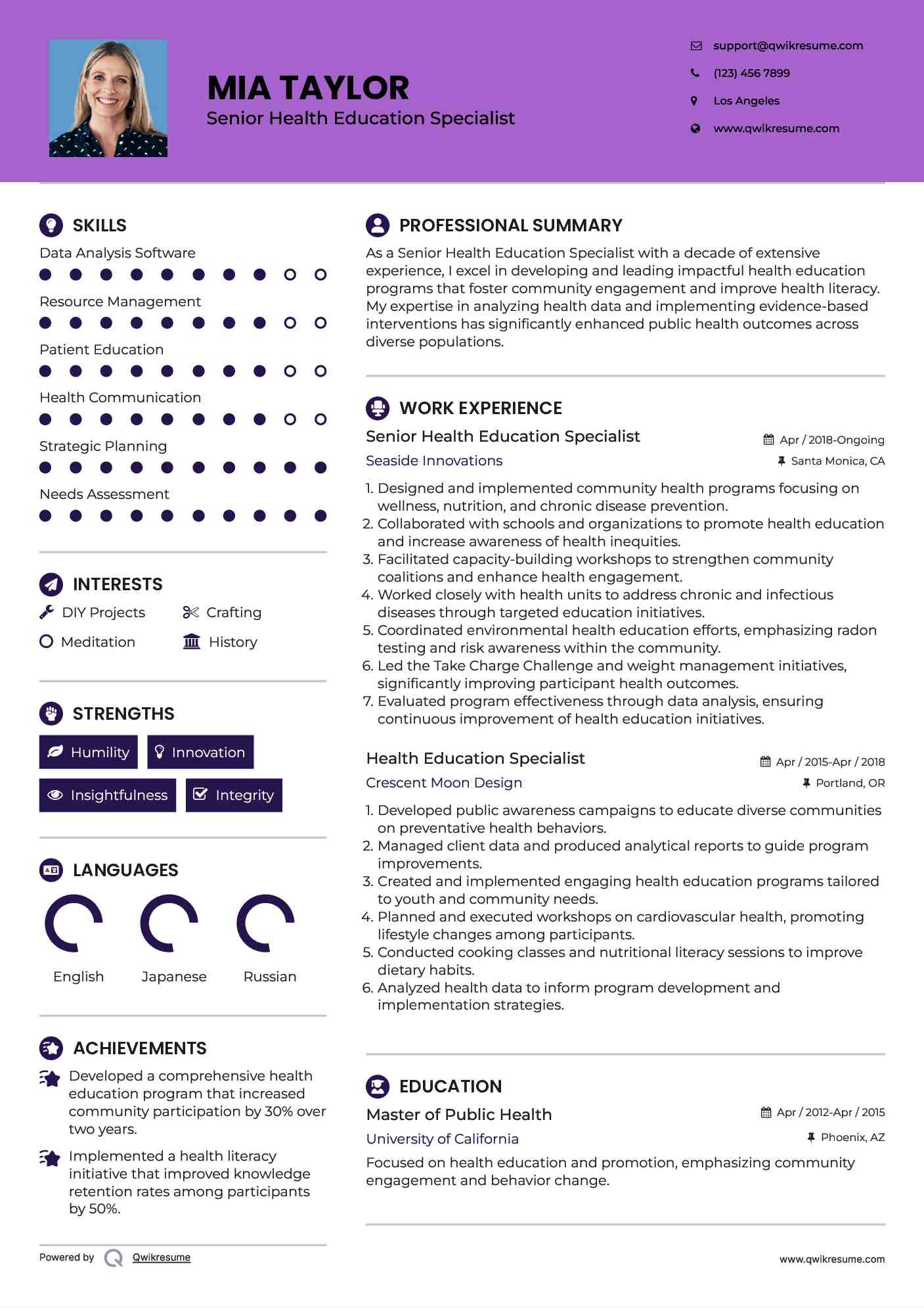 Senior Health Education Specialist Resume Format