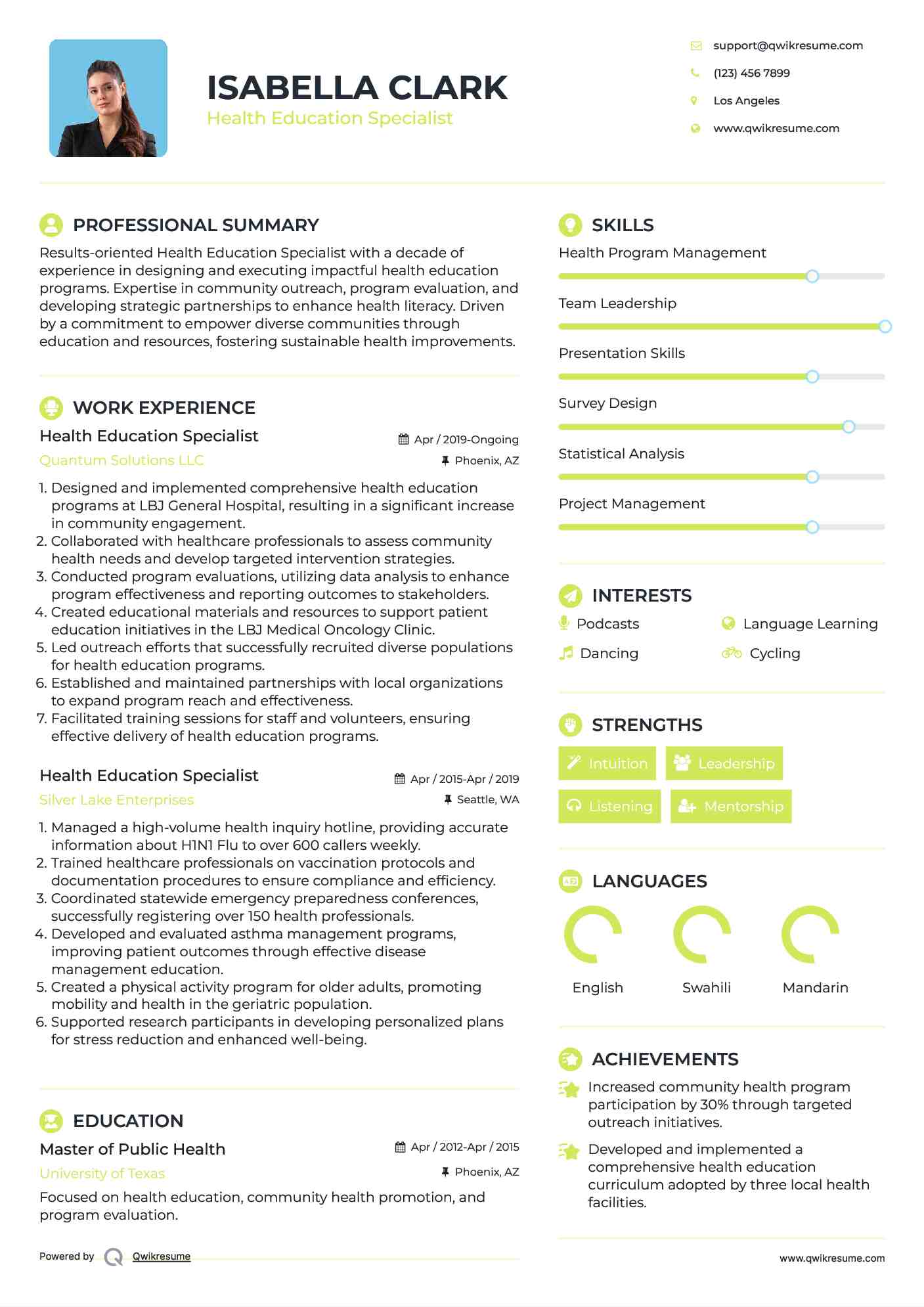 Health Education Specialist Resume Sample