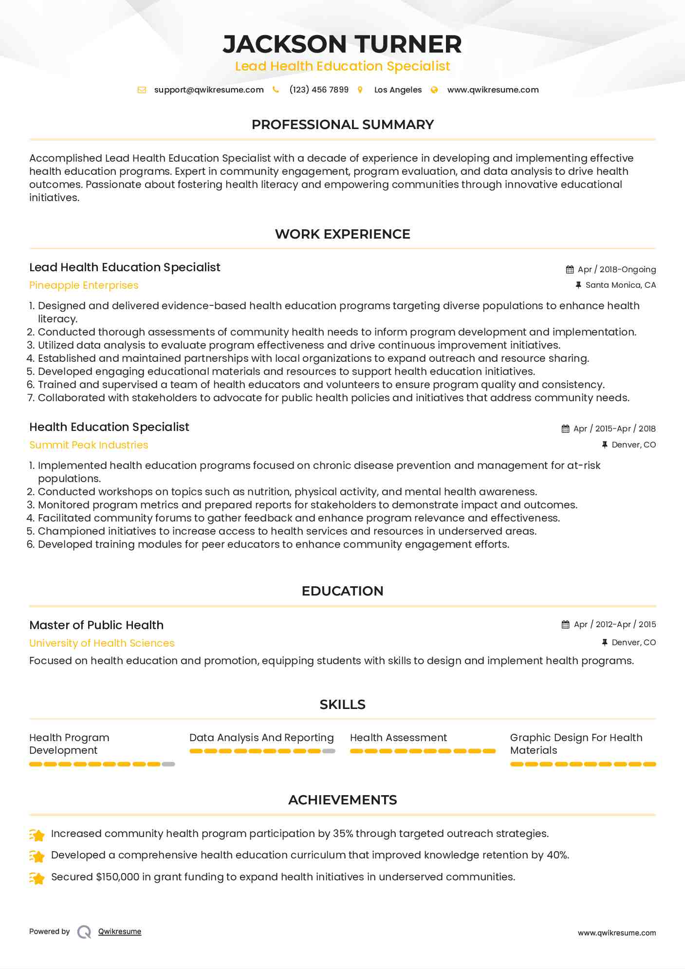 Lead Health Education Specialist Resume Model