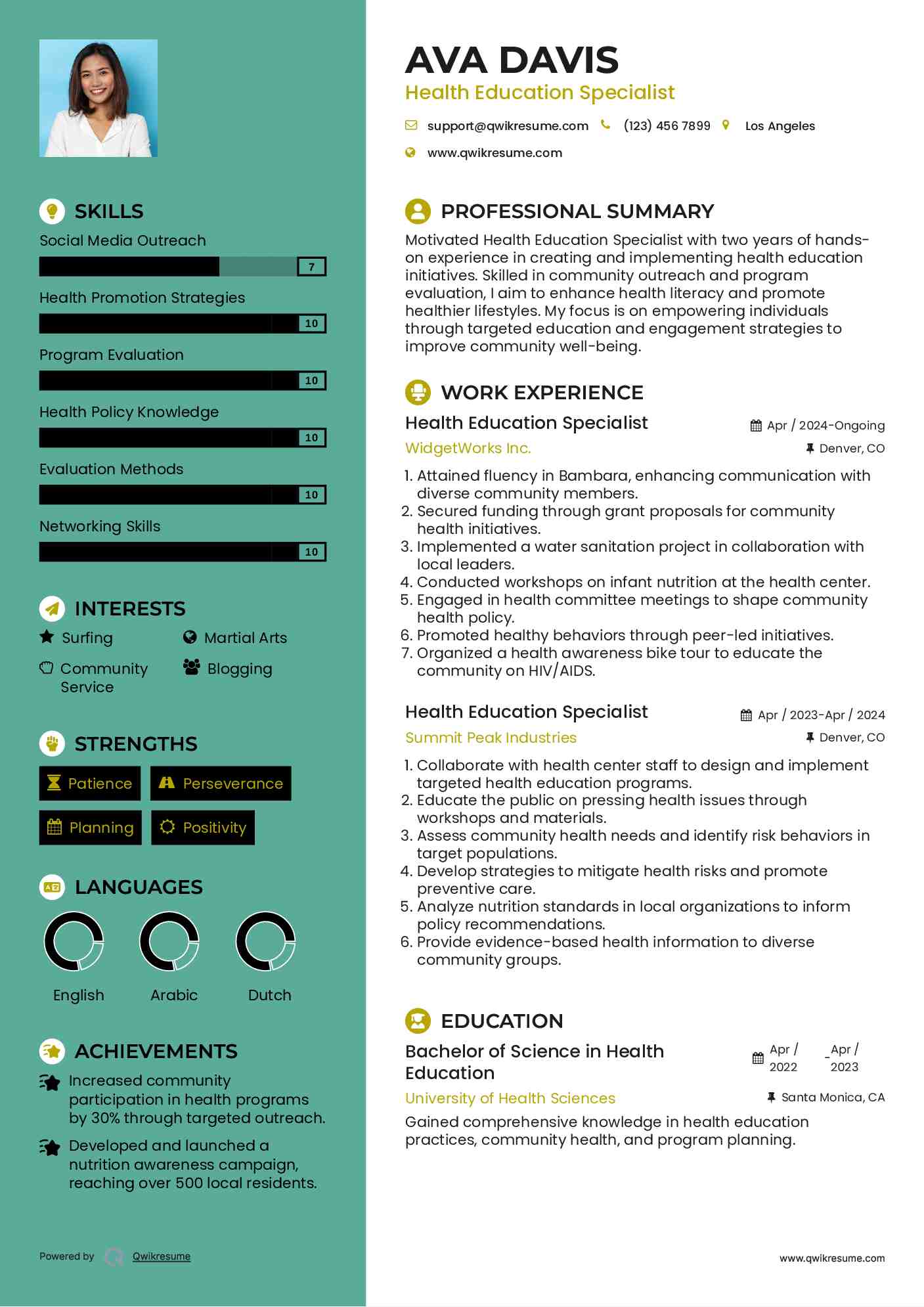 Health Education Specialist Resume Model