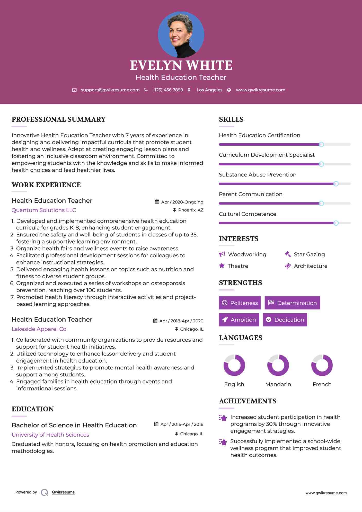 Health Education Teacher Resume Format