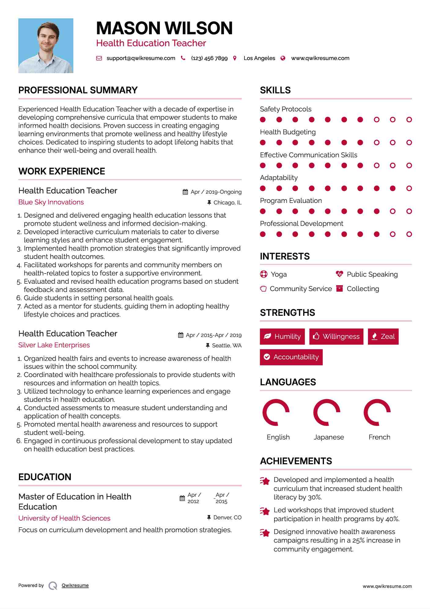 Health Education Teacher Resume Sample