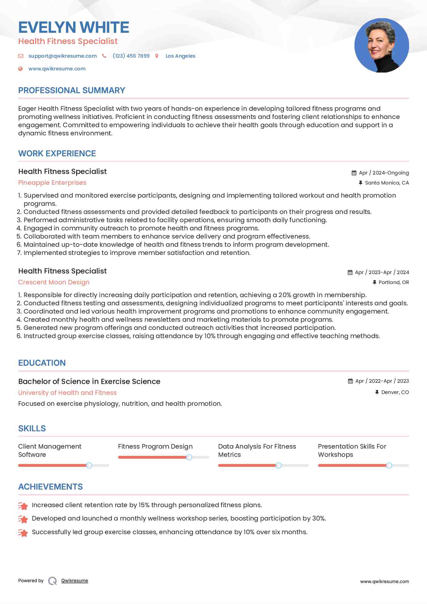 Health Fitness Specialist Resume Example
