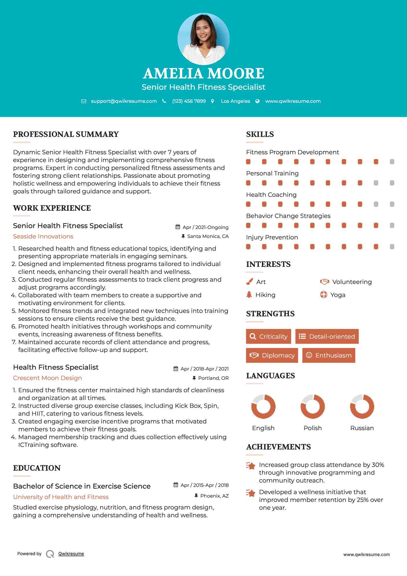 Senior Health Fitness Specialist Resume Example