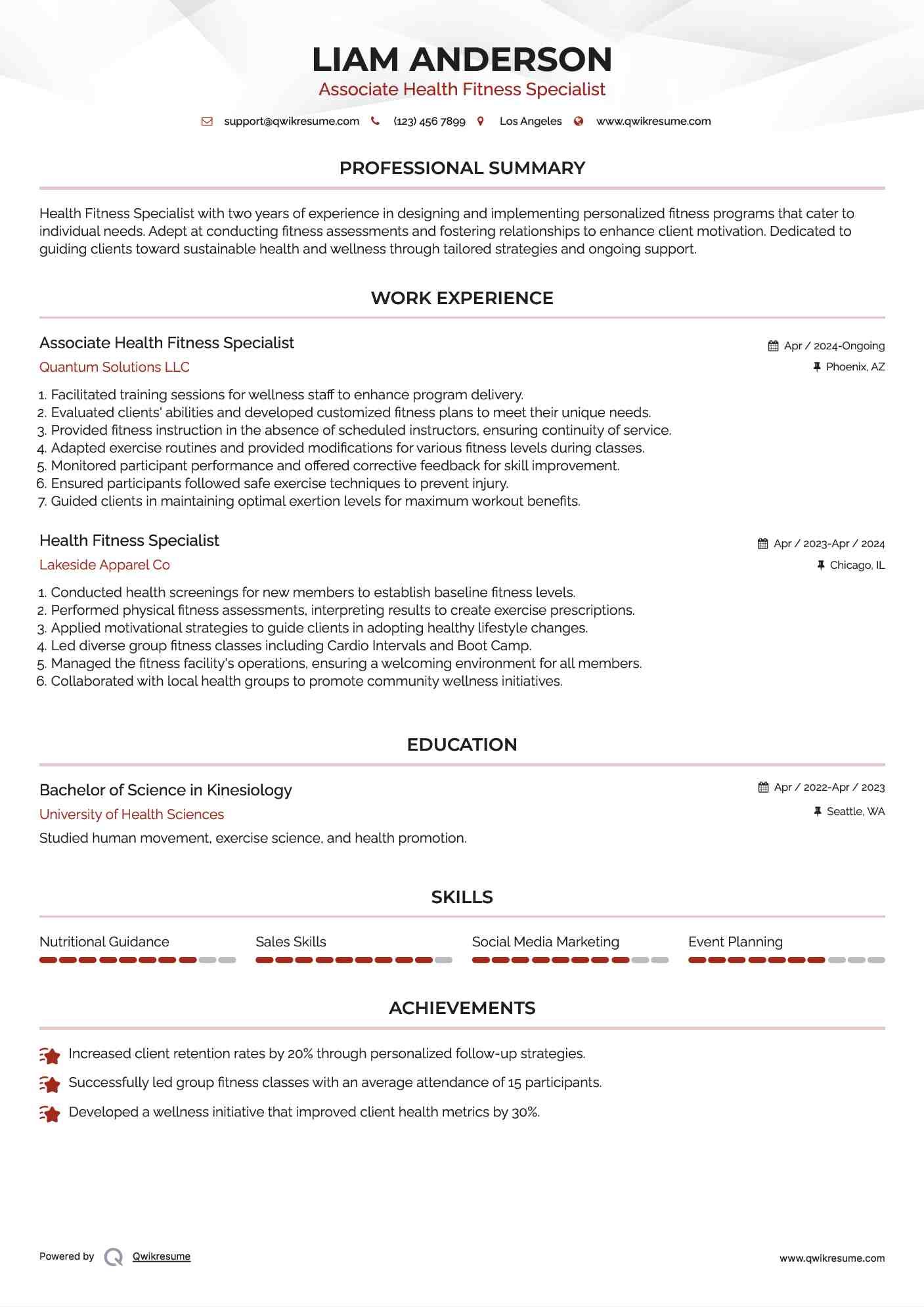 Associate Health Fitness Specialist Resume Model