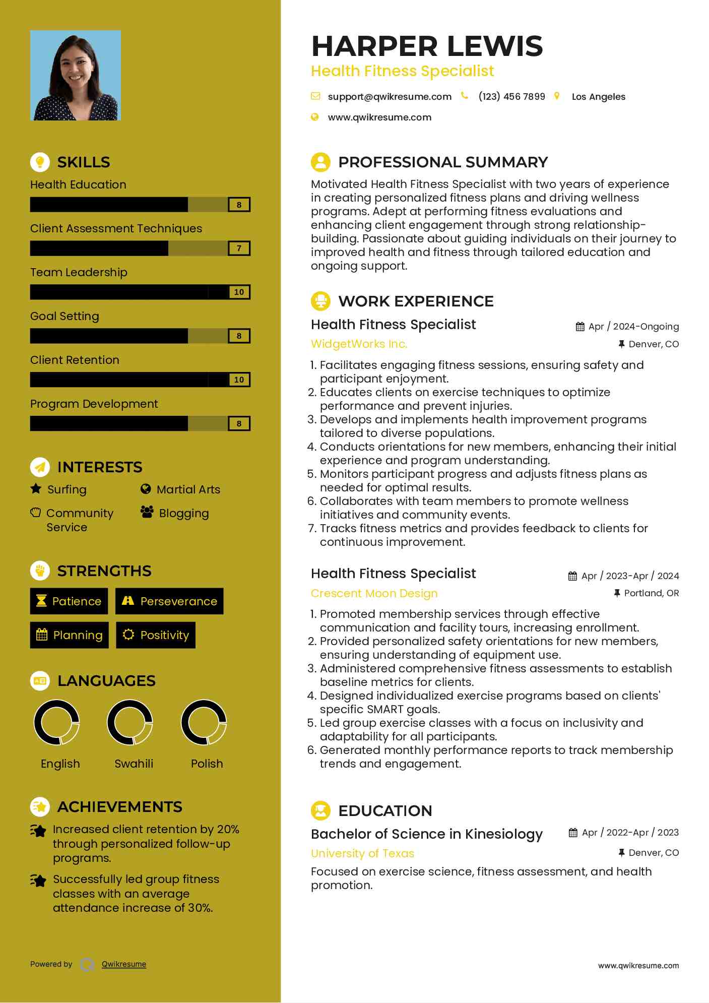 Health Fitness Specialist Resume Example
