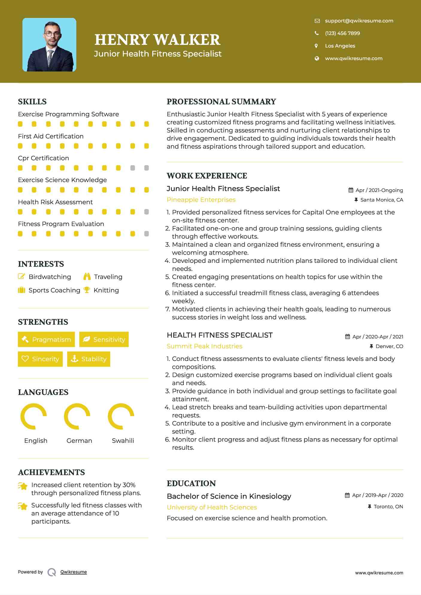 Junior Health Fitness Specialist  Resume Model