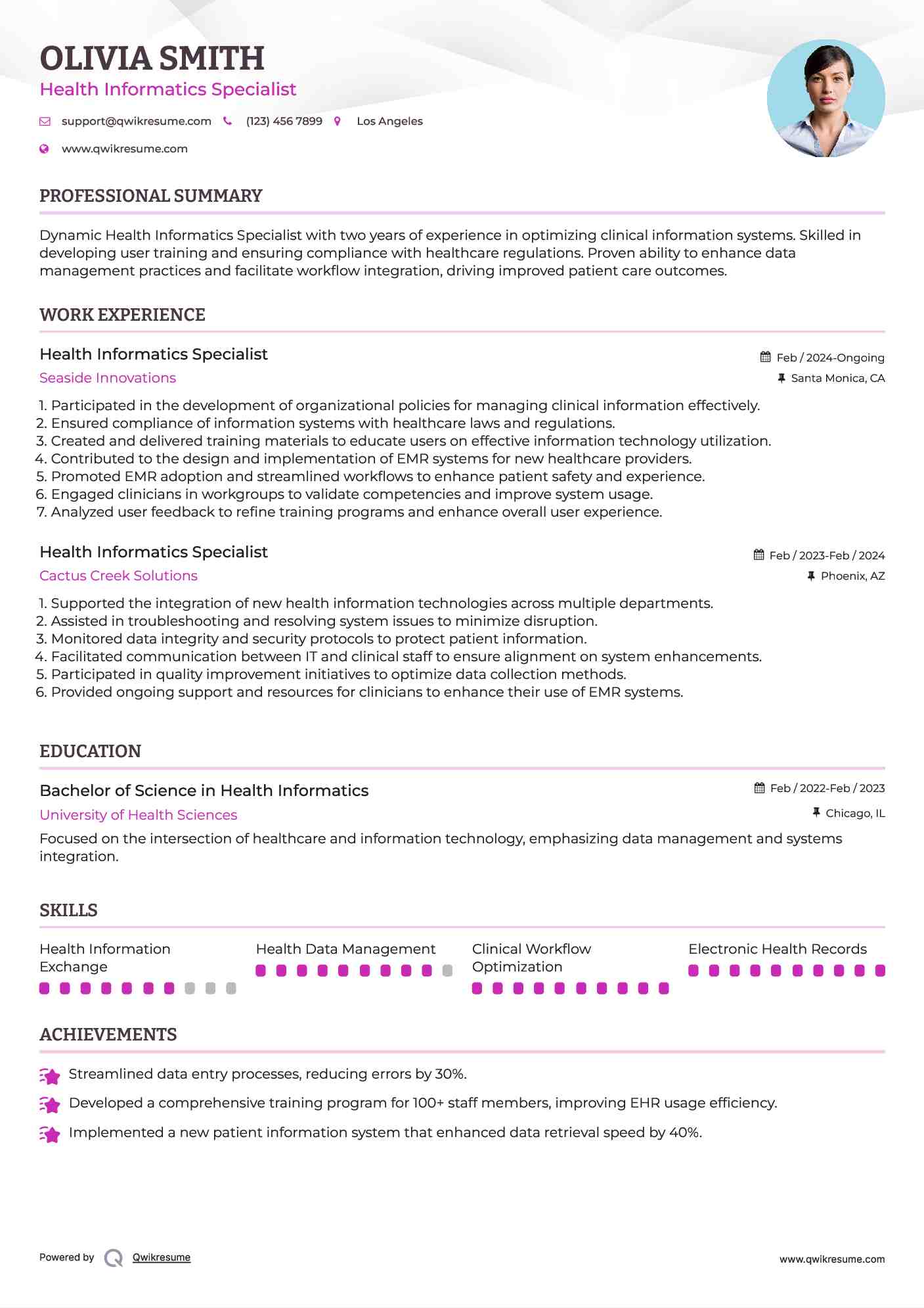 Health Informatics Specialist Resume Example