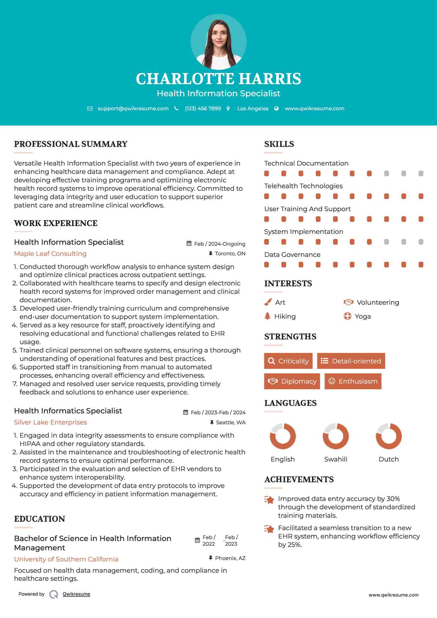 Health Information Specialist Resume Example