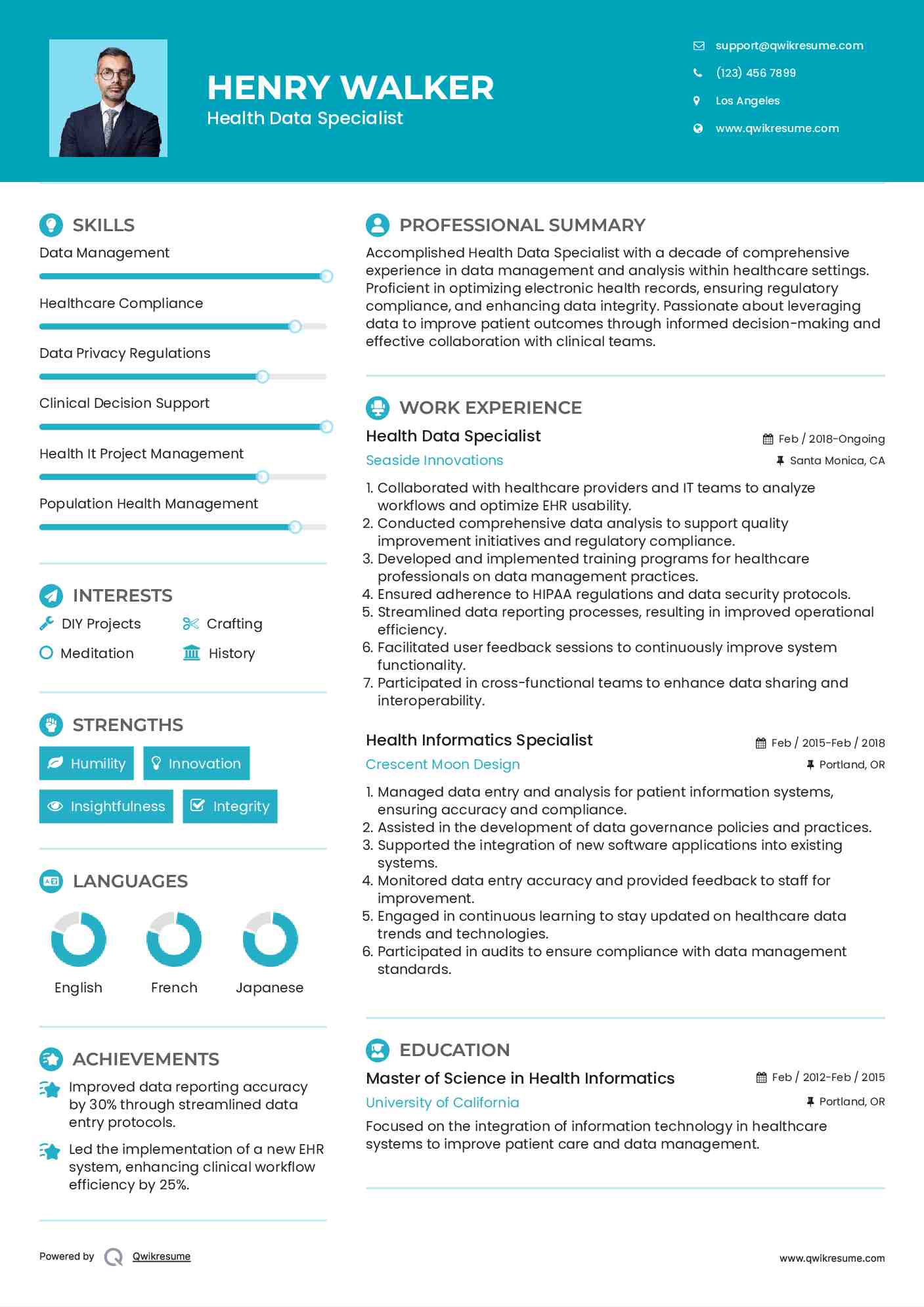 Health Data Specialist Resume Format