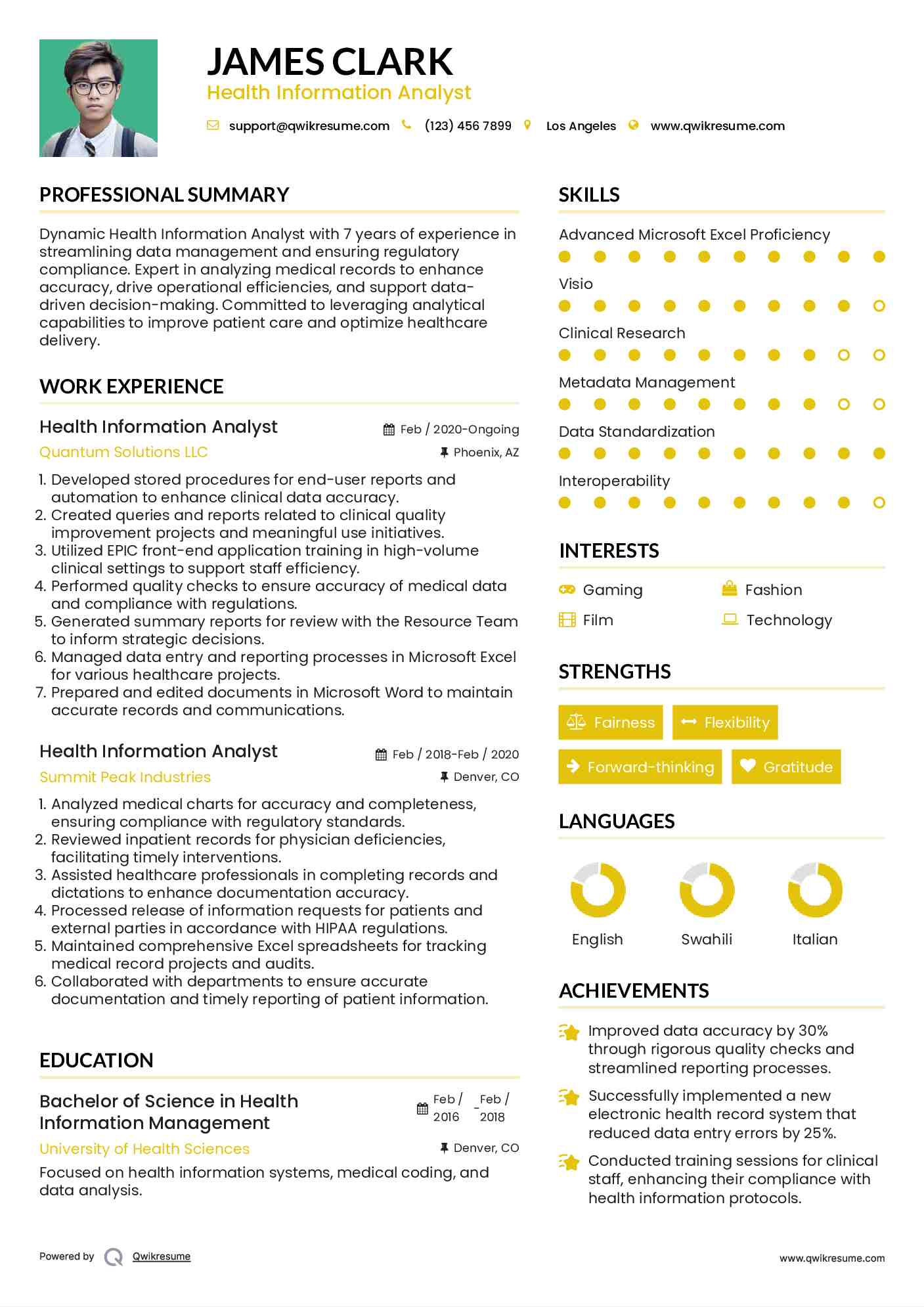 Health Information Analyst Resume Example