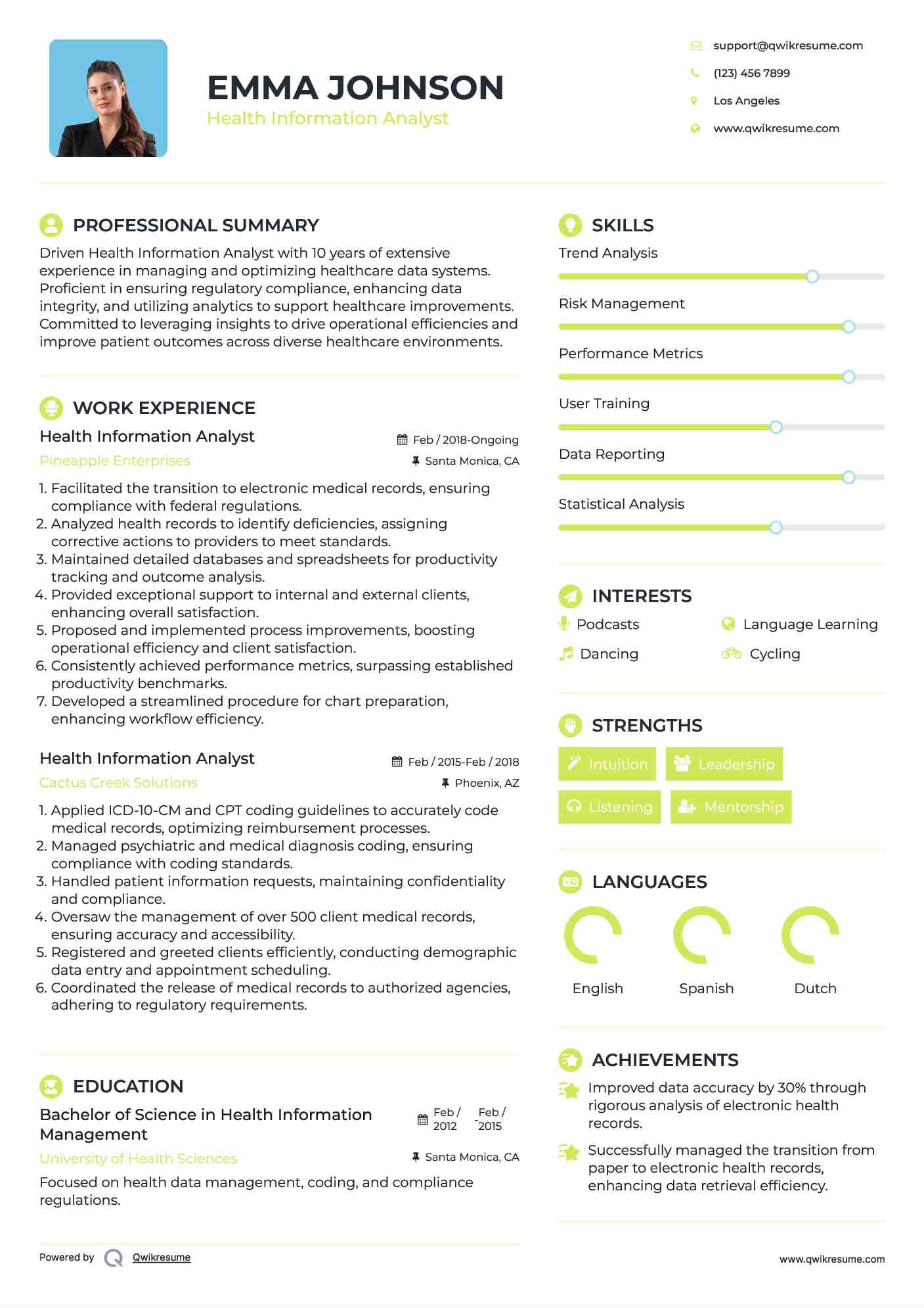 Health Information Analyst Resume Sample