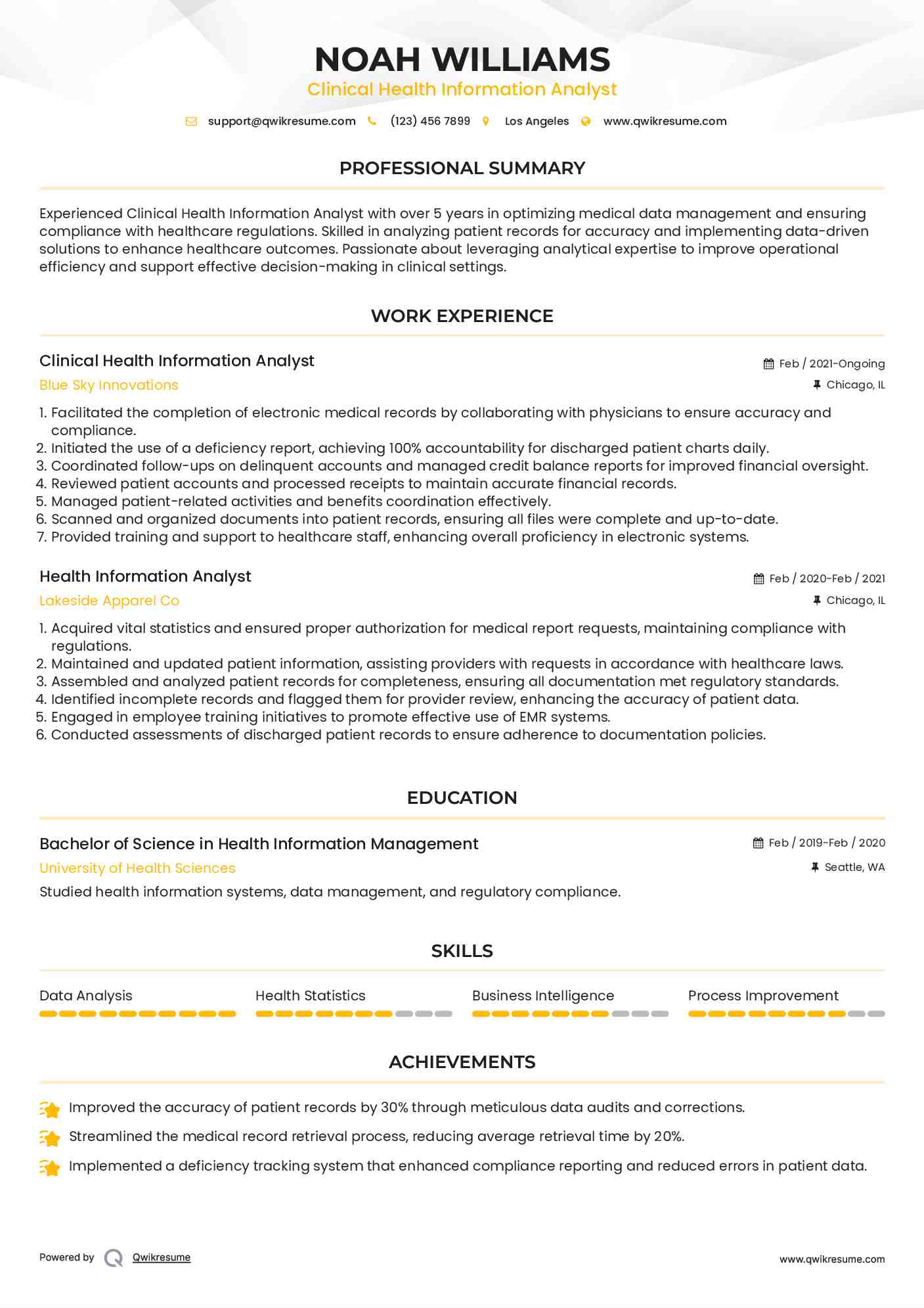 Clinical Health Information Analyst Resume Sample