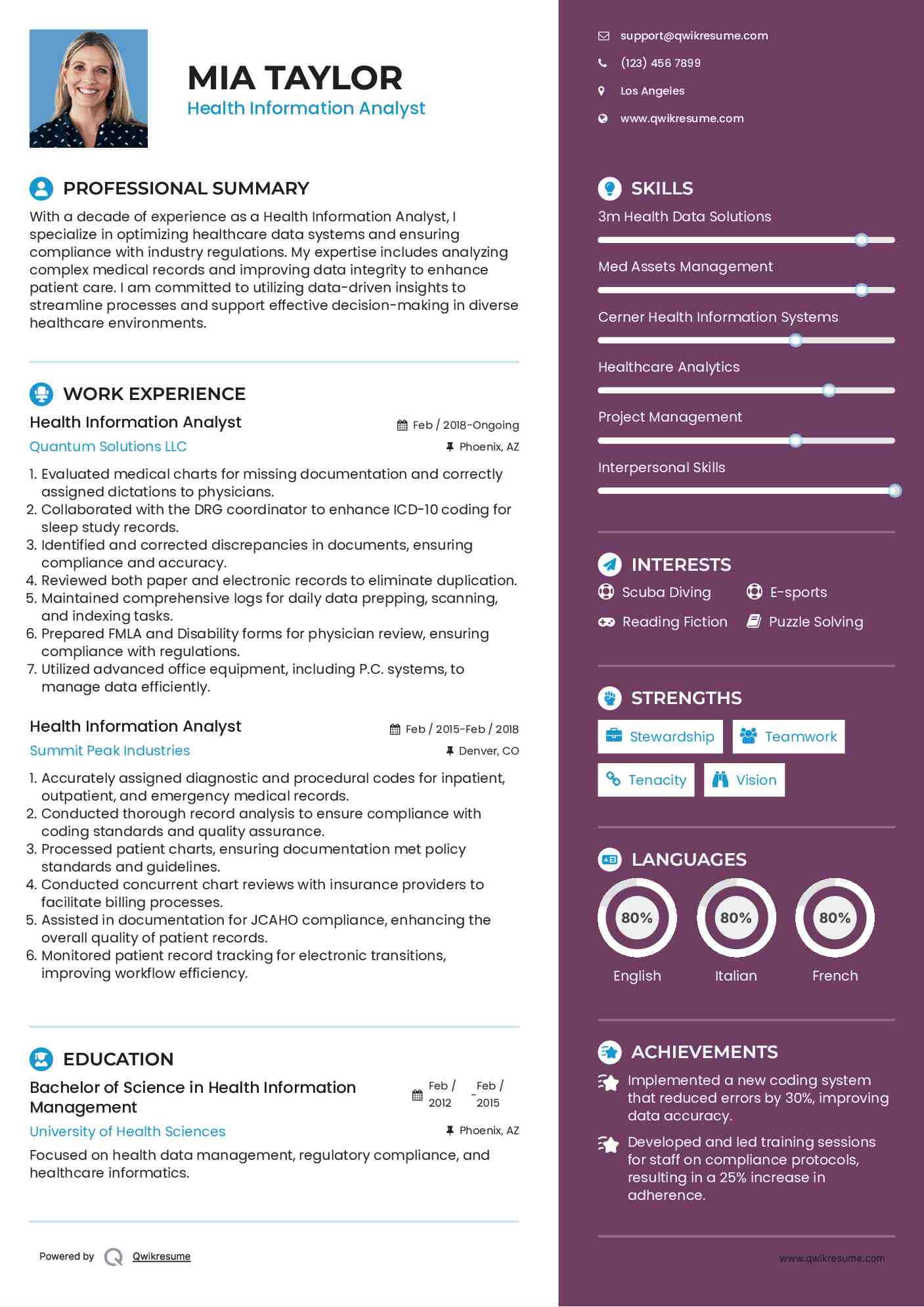 Health Information Analyst Resume Model