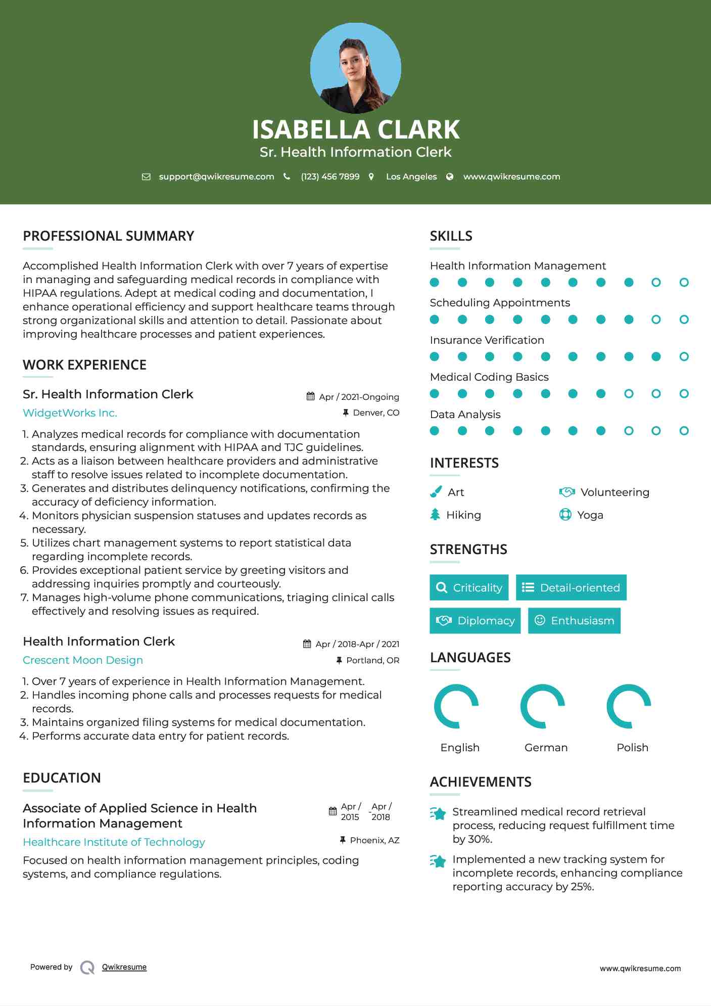 Sr. Health Information Clerk Resume Format