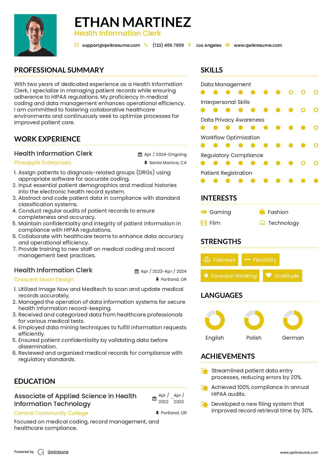 Health Information Clerk Resume Model