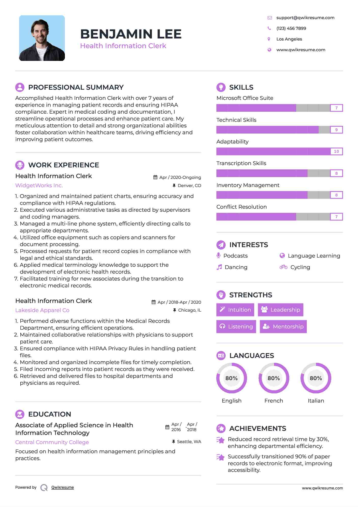 Health Information Clerk Resume Samples
