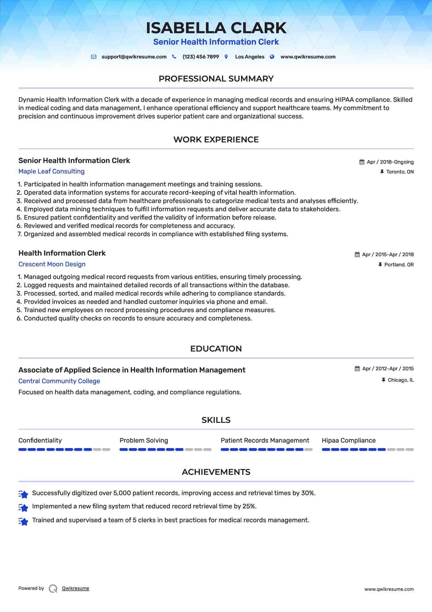 Senior Health Information Clerk  Resume Sample