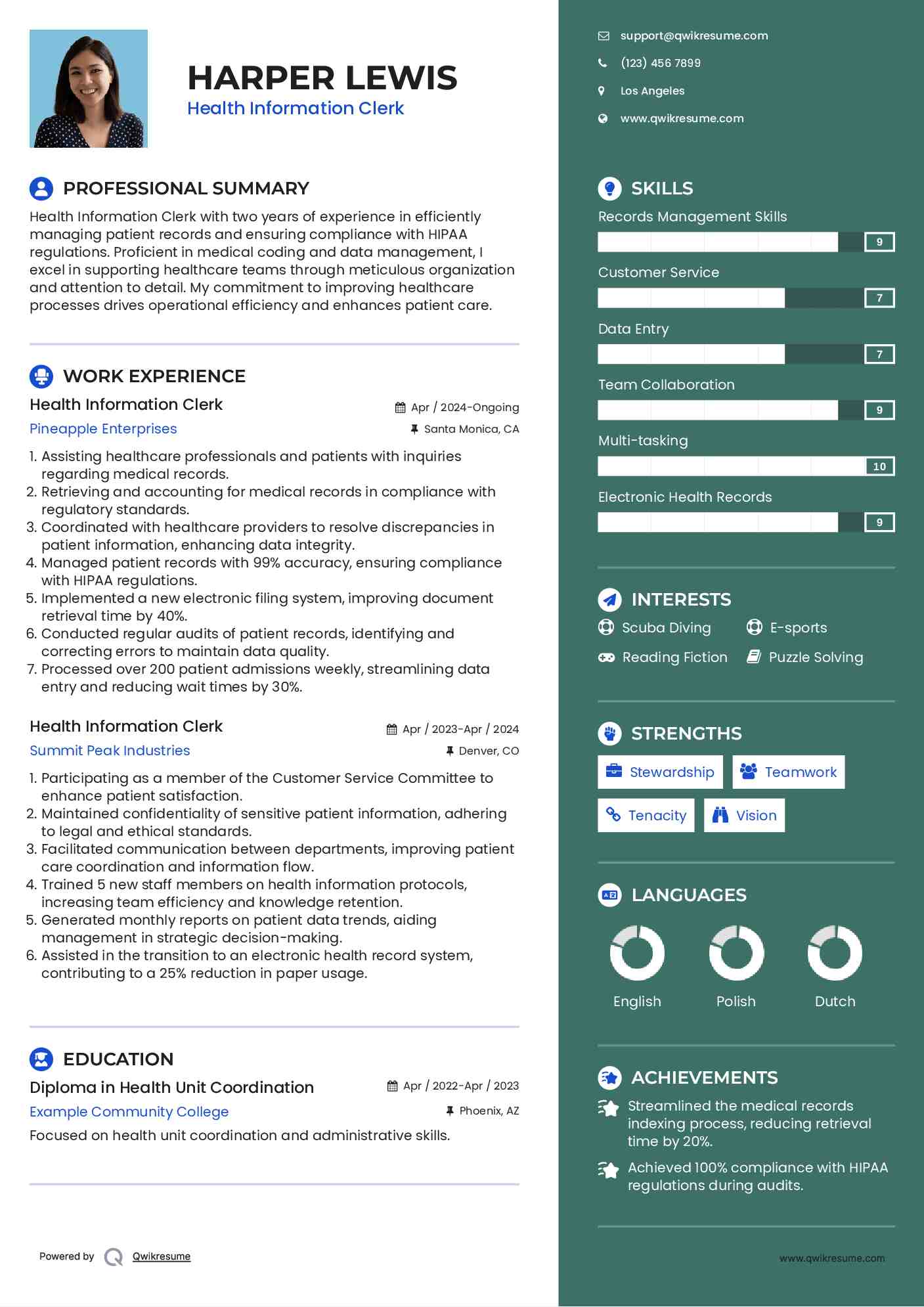 Health Information Clerk Resume Model