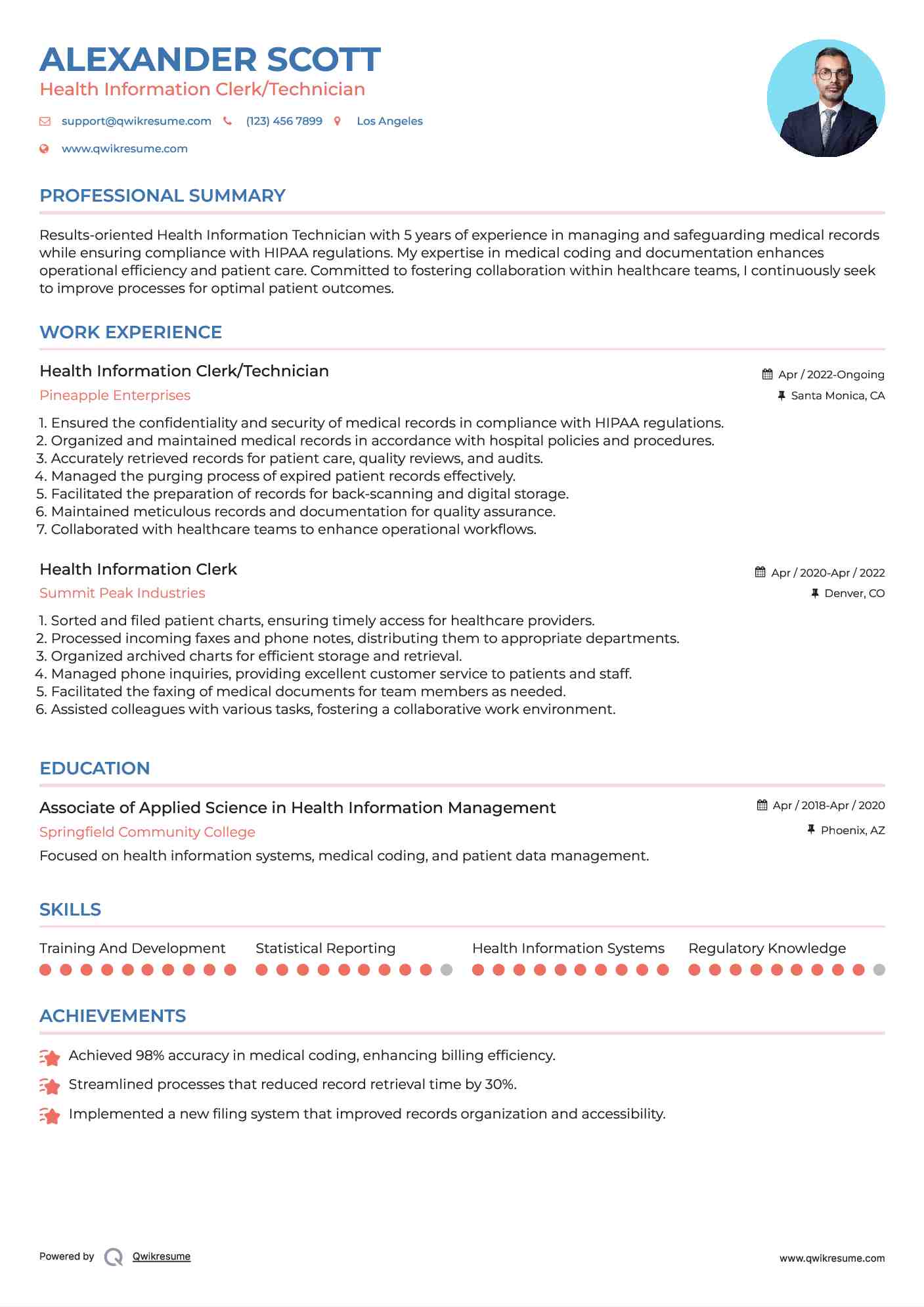 Health Information Clerk/Technician Resume Format