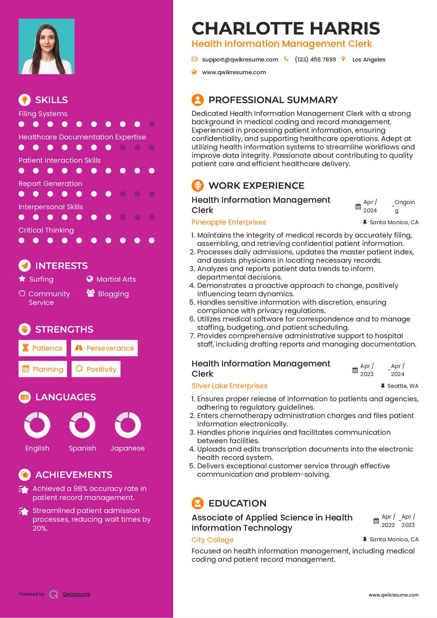 Health Information Management Clerk Resume Model