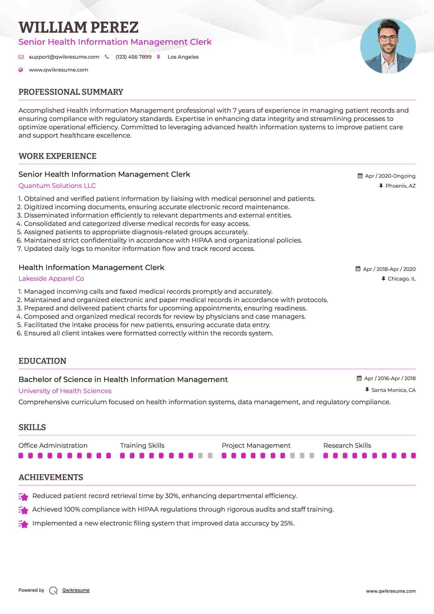 Senior Health Information Management Clerk  Resume Sample
