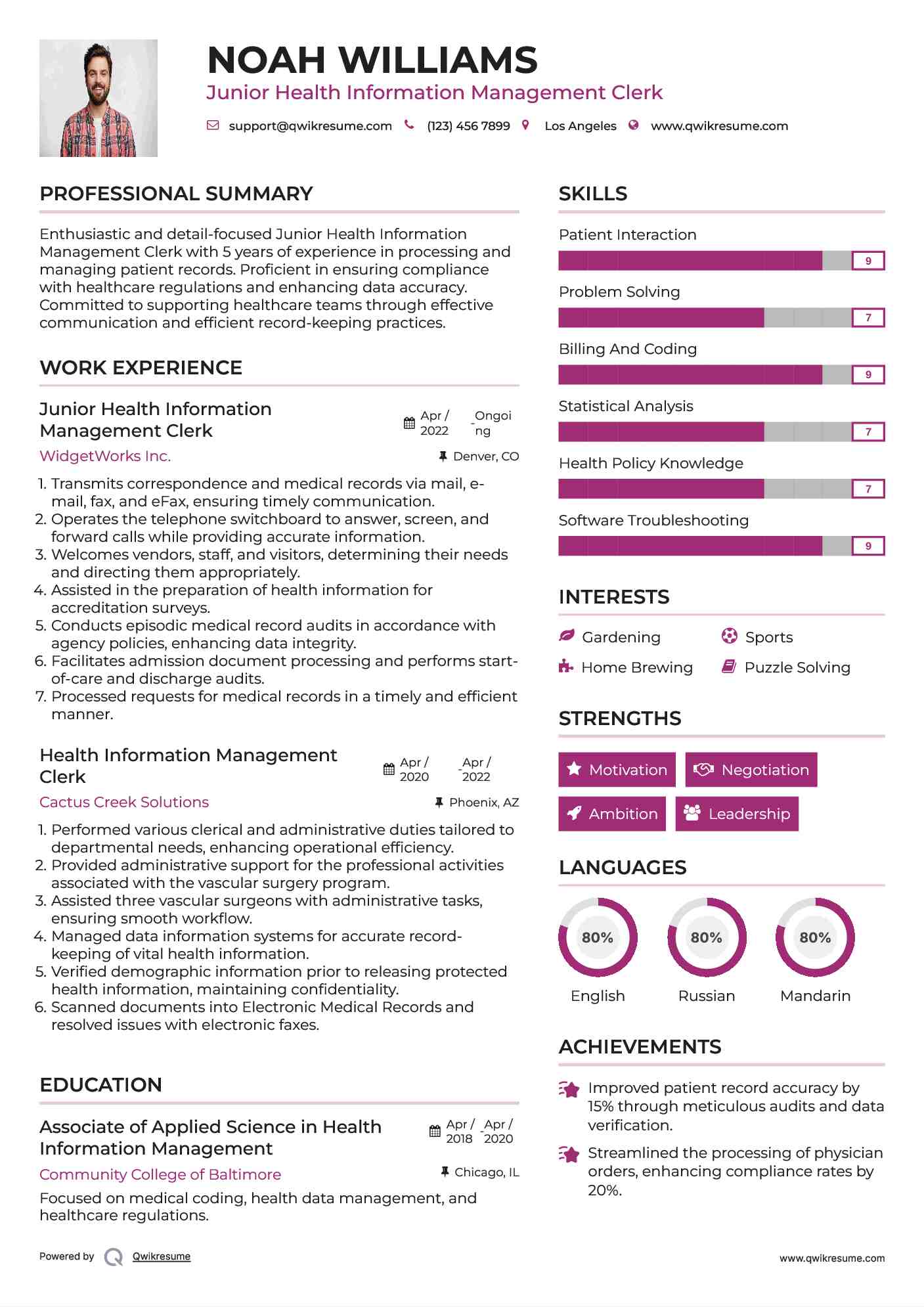 Junior Health Information Management Clerk  Resume Format
