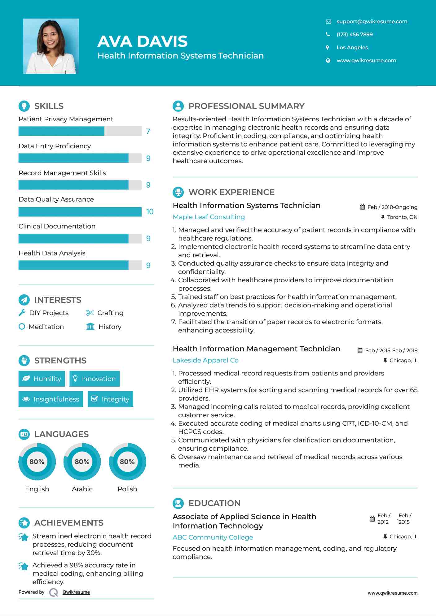 Health Information Systems Technician Resume Example