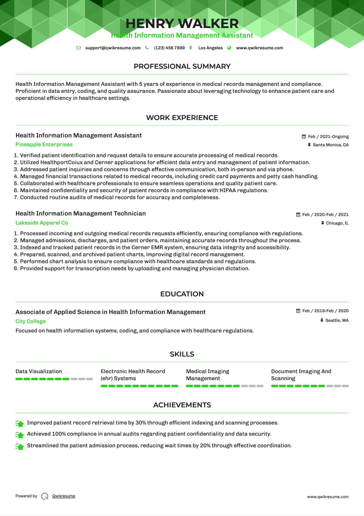 Health Information Management Assistant Resume Template