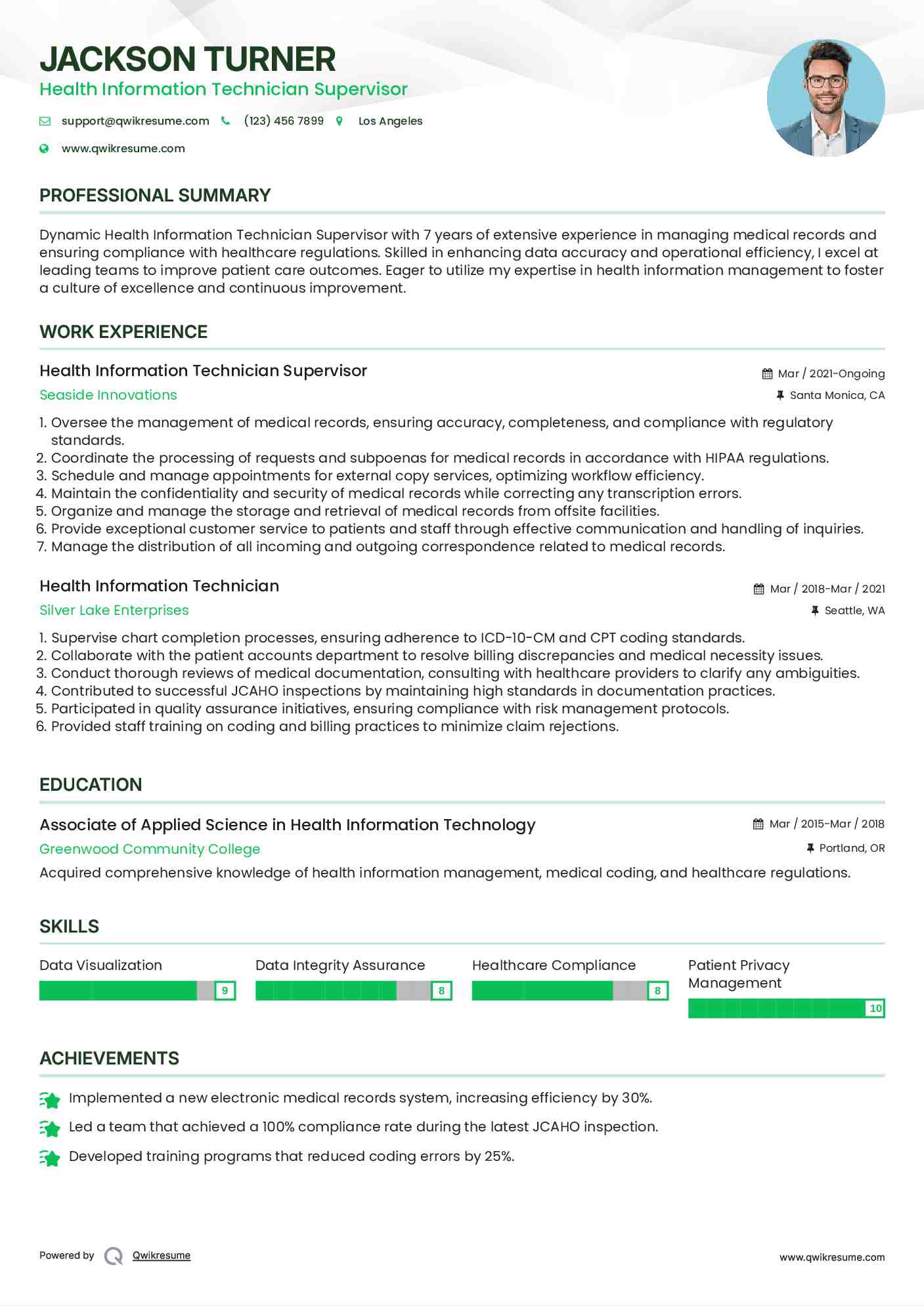 Health Information Technician Supervisor Resume Model