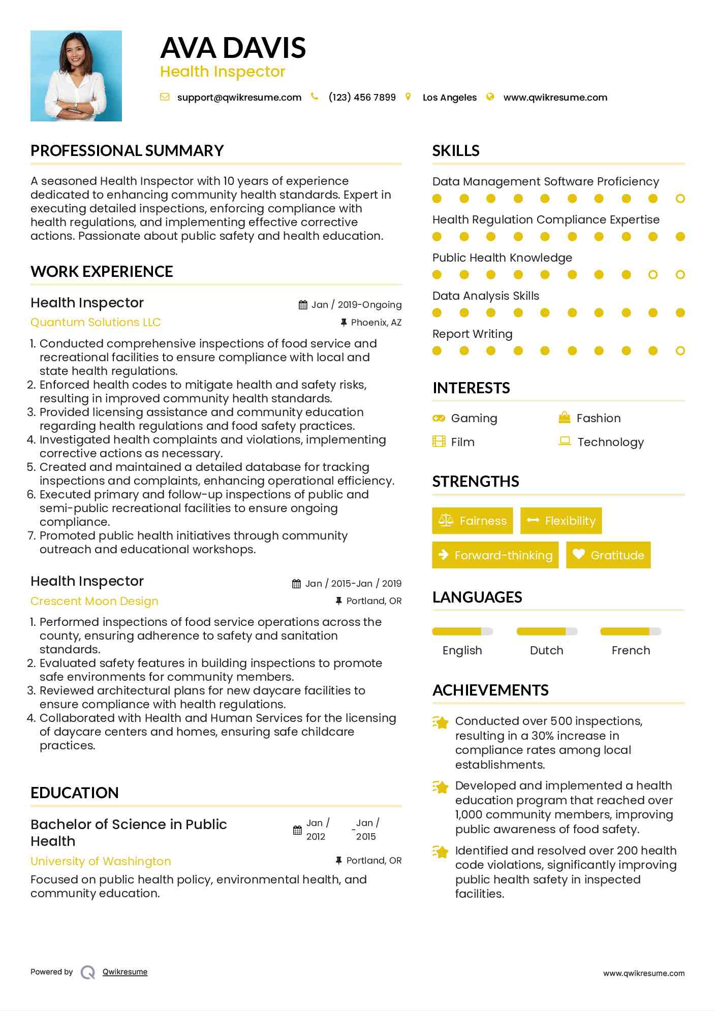 Health Inspector Resume Example