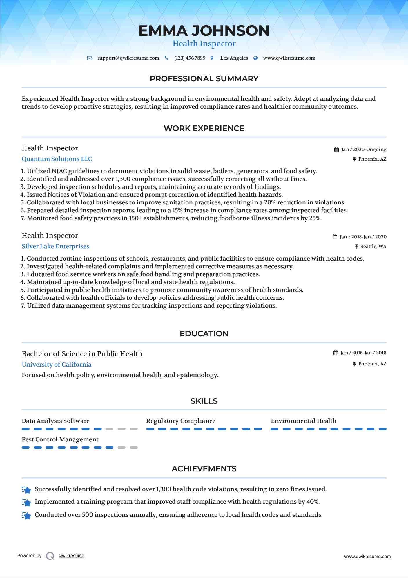 Health Inspector Resume Example
