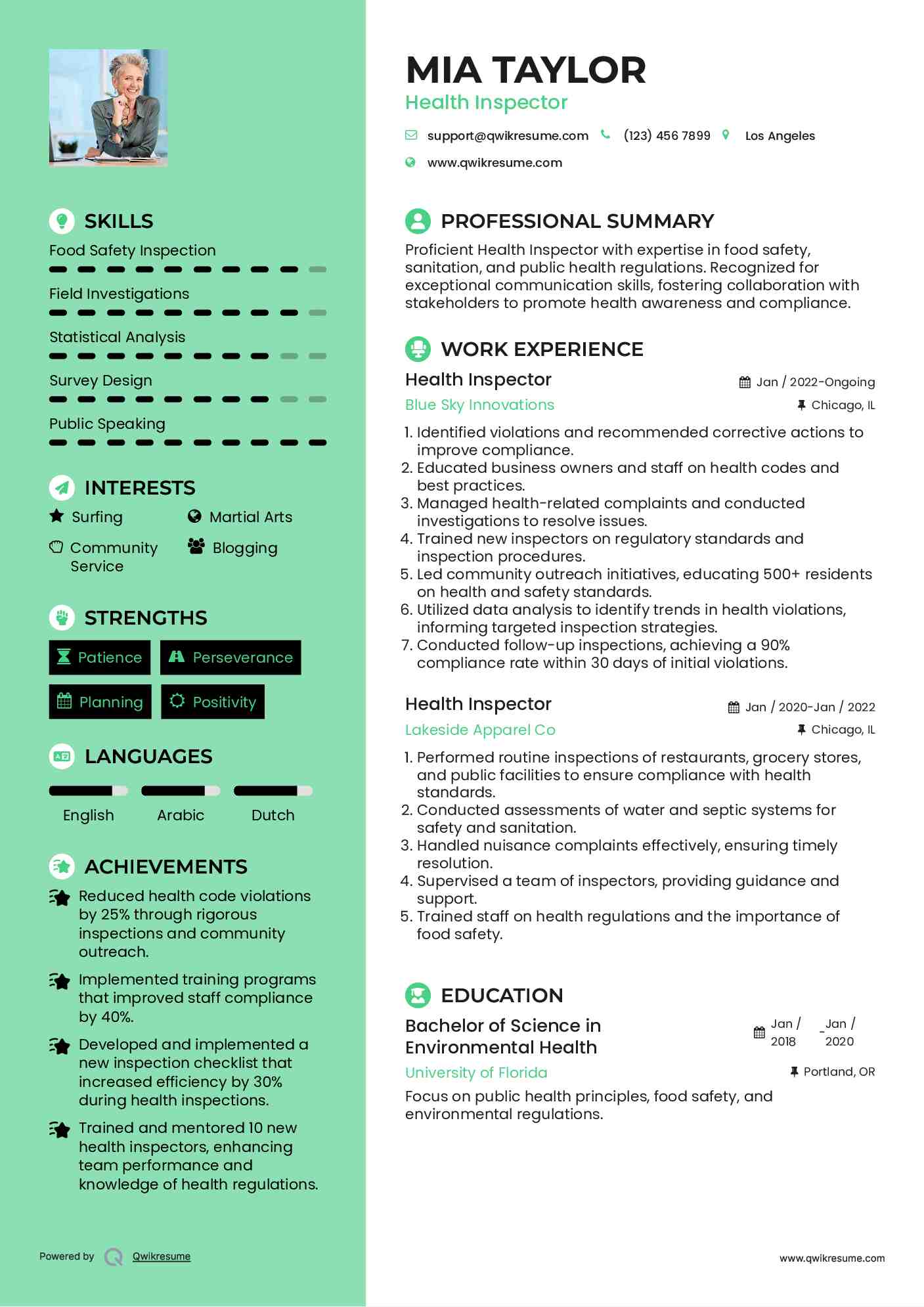 Health Inspector Resume Template